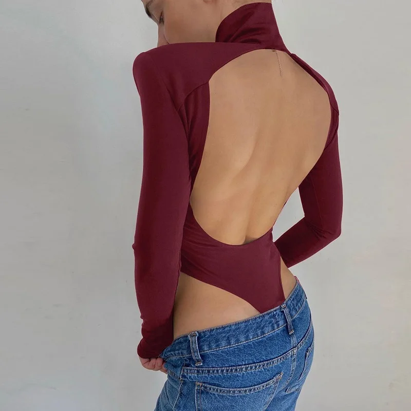 

Long Sleeve Rompers Jumpsuits Party Body Suit Sexy Turtleneck Backless Bodysuit Women Black White Shoulder Pads Overalls PR2048G