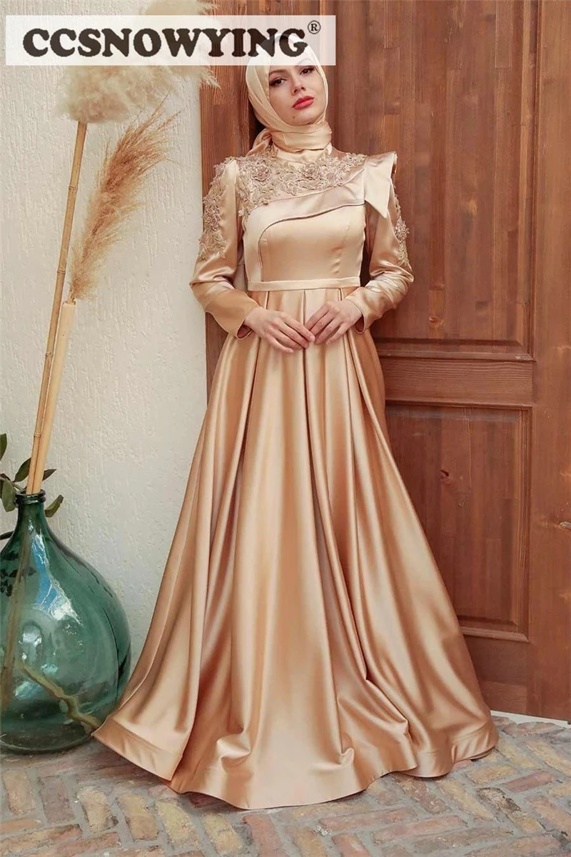 

Атласная аппликация, искусственные мусульманские Вечерние платья с высоким воротником, официальное исламское платье для вечеринки, Арабский кафтан, женское платье для вечеринки