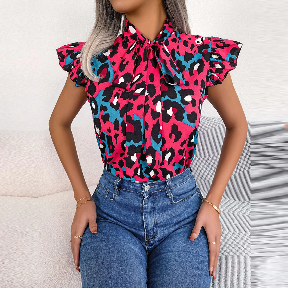 

Women's Spring Summer Leisure Leopard Pattern Wood Ear Lace Up Chiffon Top For Ladies Bow Flying Sleeve Blouse