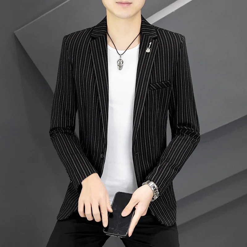 

HOO 2023 Men's Slim-Fit Handsome Business Casual Suit Jacket Youth Trendy Vertical Striped blazers