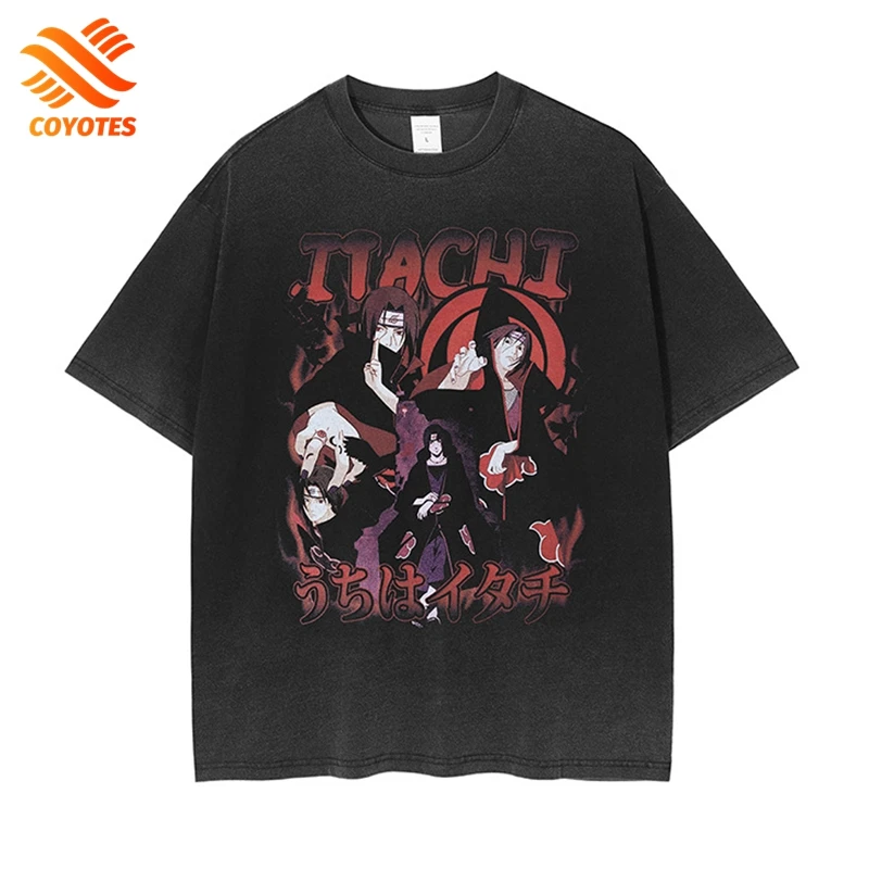 

COYOTES Washed Distressed T-shirts Japanese Anime Print Tee O-neck Men's Y2k Oversized Cotton T-Shirt Women's Short Sleeve Top