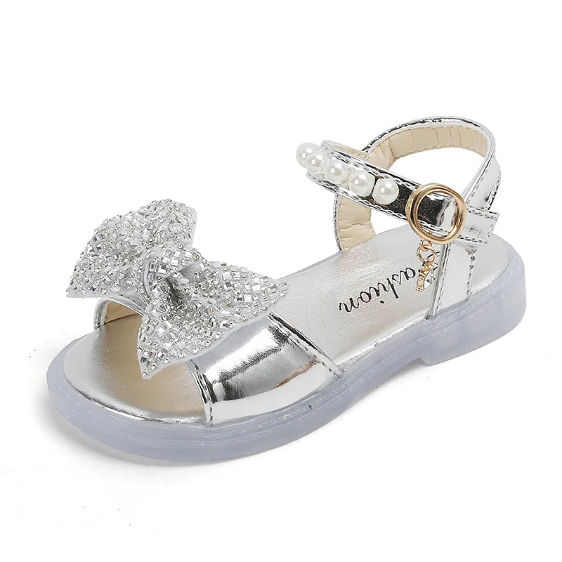 

Сандалии с бантом и стразами для девочек, модные открытые туфли для начинающих ходить принцесс, плоская подошва, цвет черный, лето