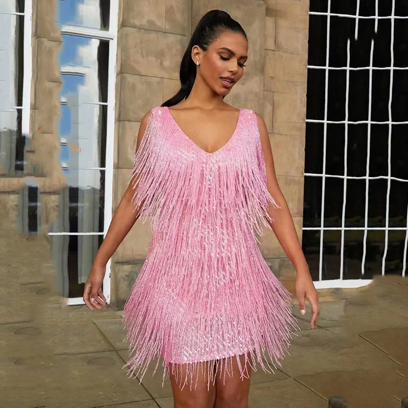 Sequins Tassel Feather Spaghetti Strap Dress Women Fashion Sexy Stitching Mini Dresses Ladies Evening Party Club Elegant Dress