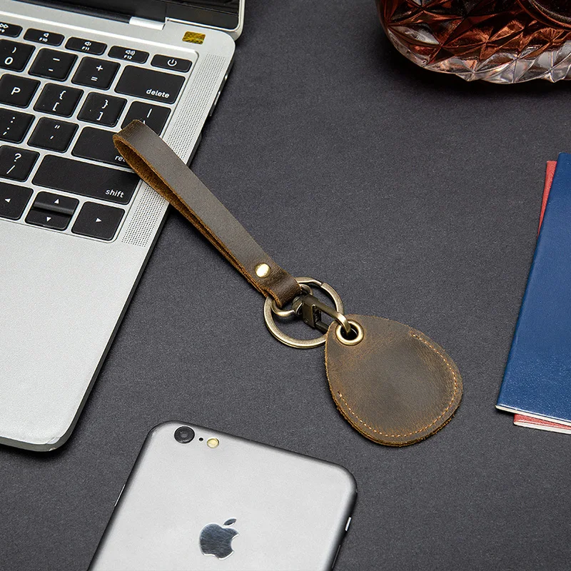 

Leather Access Key Holder Mini Metal Keychain Water Drop-Shaped Induction Cowhide Protective Sleeve Round Small Pendant Tide