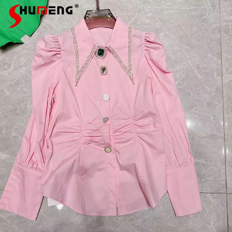 

Heavy Diamond Buckle Pearl Pointed Collar Pleated Shirt Women Puff Sleeve Slim Office Ladies Blusas 2022 Spring New Blouse Top
