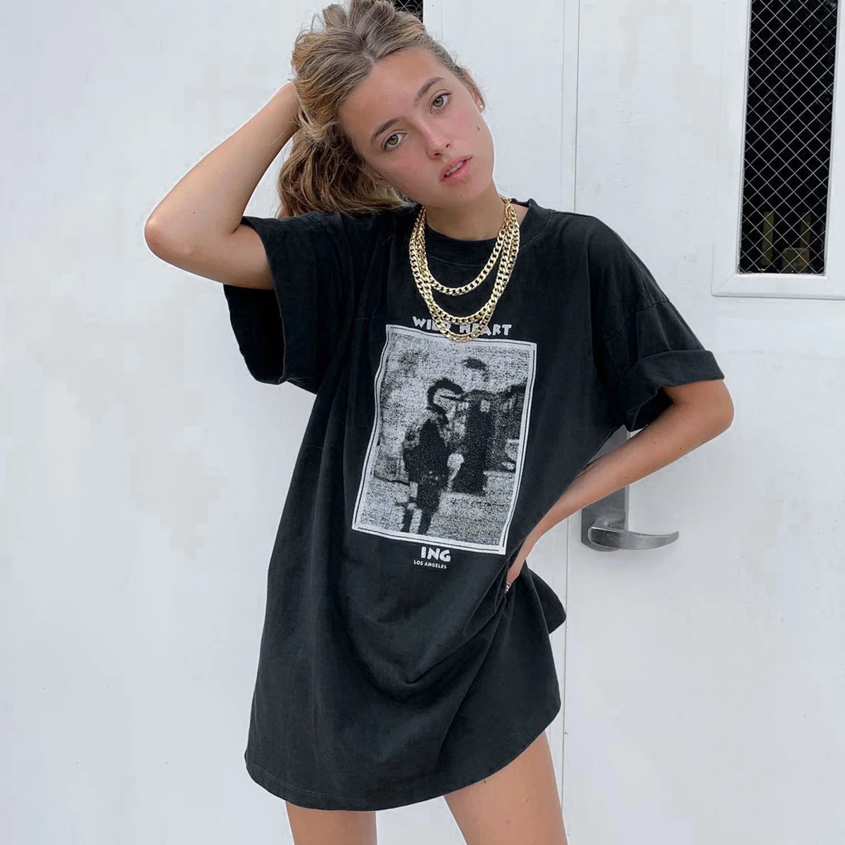 

Washes Faded Wild Heart Long T-shirt Women Summer Cotton Graphic Vintage Rock Tees Tops 2021 Femme Shirt Dress Oversized Tshirt