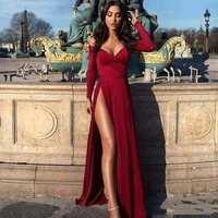sexy burgundy a line prom dress 2022 long sleeve formal party evening plus size high slit pageant gown custom made