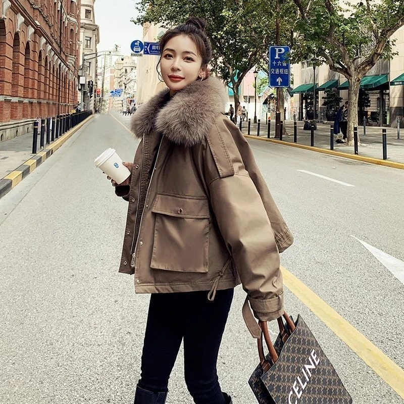 Short Cotton Coat Winter Jacket Women 2022 Big Fur Collar Warm Solid Thick Loose Padded Parkas Famale Clothing Tops Outerwear