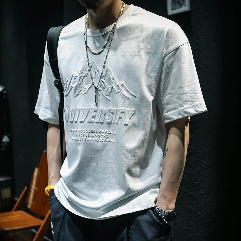

Summer Pure Cotton Short Sleeve T-shirt Men's White Steel Print Loose Fashion Brand Large Half Sleeve Fat Man Trend Versatile