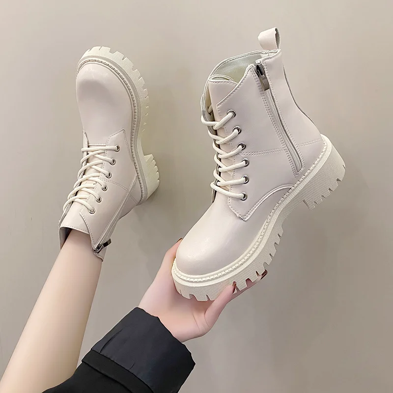 

Модные байкерские ботинки со шнуровкой и молнией, теплые кожаные ботильоны с ремешком и пряжкой, новинка зимы 2022, женские ботинки на толстой...