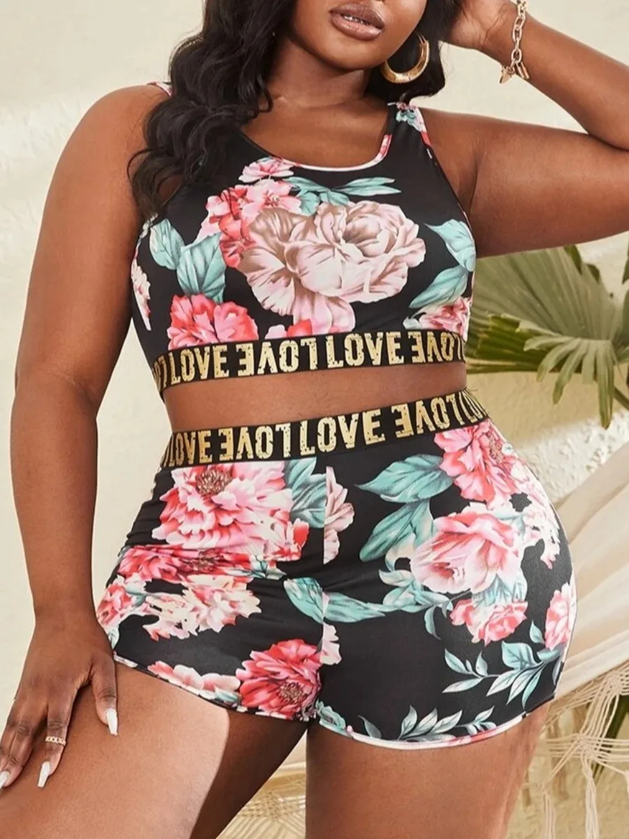 

LW Plus Size Summer Women Two Piece Crop Top Letter Print Shorts Set Skinny Taped Tank Floral Biker Pants Female Matching Outfit