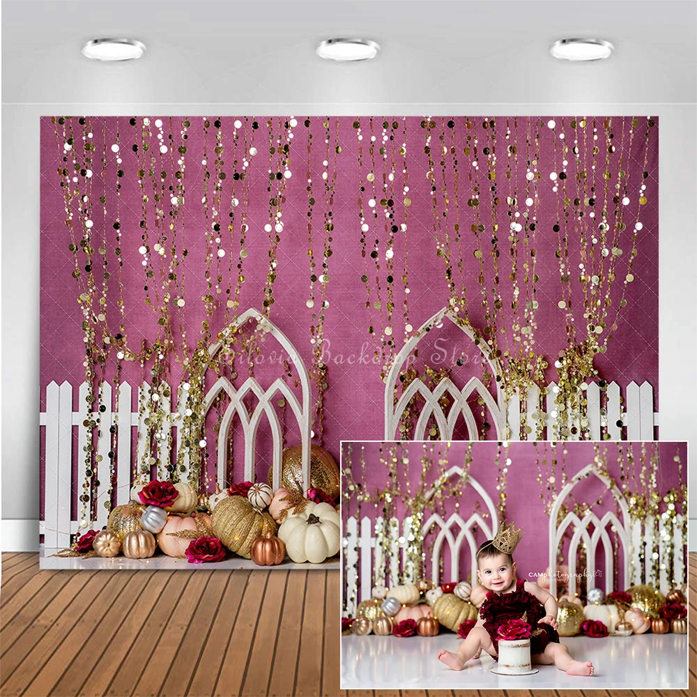 

Girl First Birthday Photo Background Glittery Pumpkin Patch Photo Studio Props Cake Smash Photography Backdrop Cloth