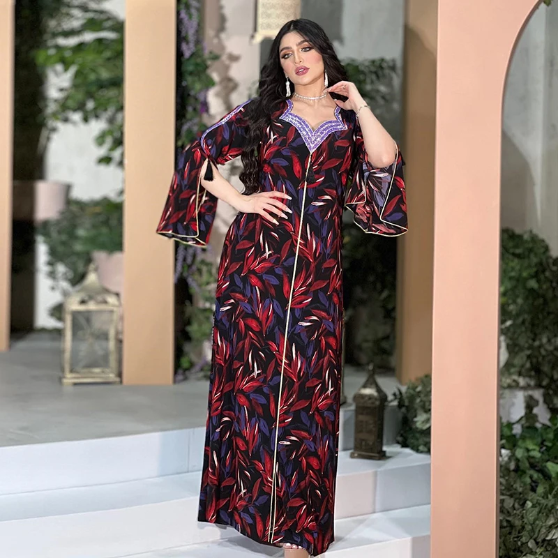 Ramadan Eid Diamond Beading Tassel Floral Printed Abaya Dubai For Muslim Women 2022 Middle East Arab Abaya Femme Islamic Clothes