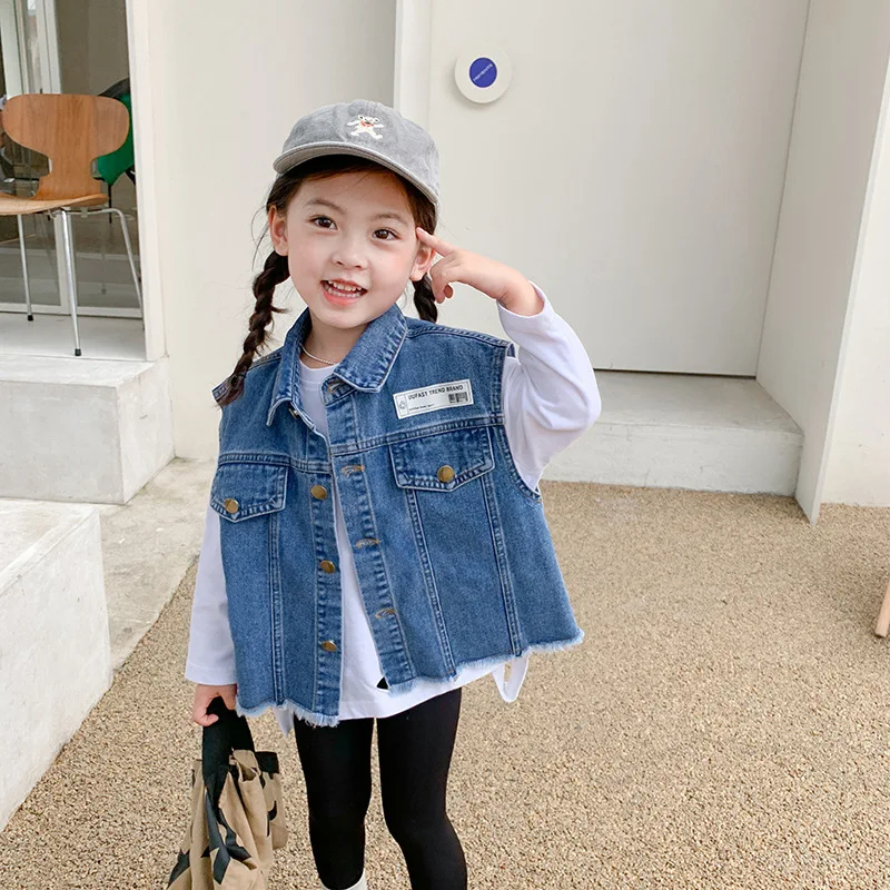 

Korean Style Spring Autumn Baby Girls Coats Blue Sleeveless Letter Print Denim Vests Single Breasted Waistcoat Kids Outwears