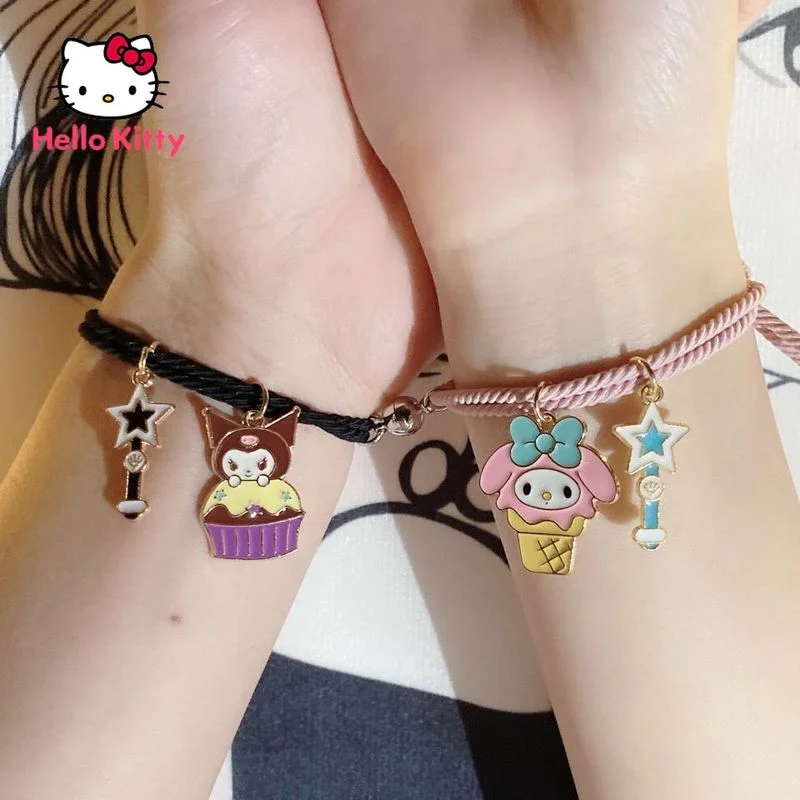 

Hello Kitty Kuromi Bracelet Cartoon Pendant Braided Rope Couple Bracelet Macaron Color Bangel Bell Star Pendant Charm Jewelry