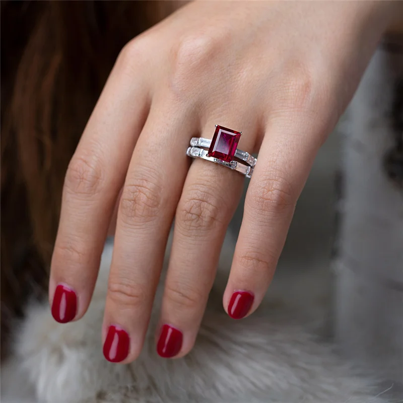 

ZX Luxurious Zirconite Ruby 925 Sterling Silver Rings For Women Luxury Square Emerald Ring Set Jewelery Engagement Eternity