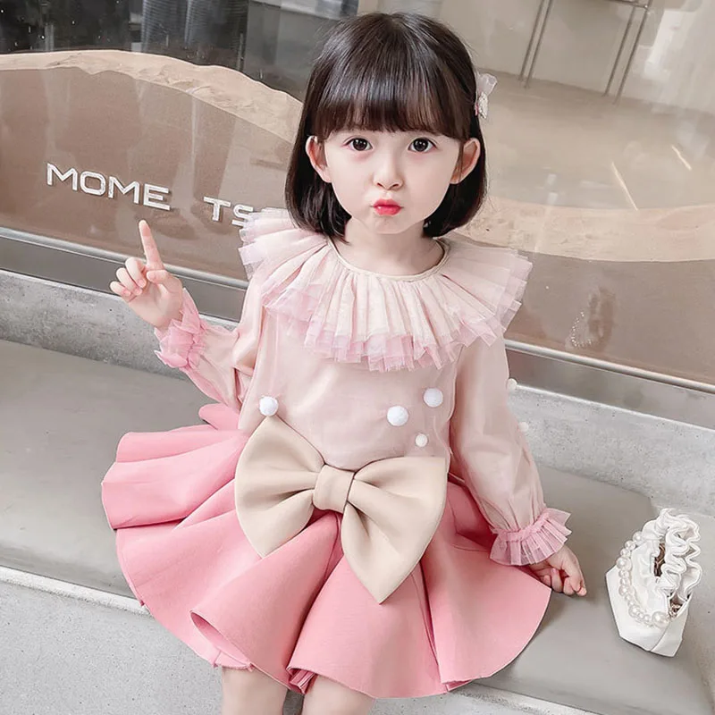 

Girls Set 2022 Spring And Autumn Pink Gauze Collar Wool Ball Top + Bow Pleated Skirt Princess Set Lovely Children Clothing