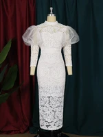 2022 lace elegant wedding party dresses women new slim see through puff sleeves evening dress femme party gowns white pink 4xl