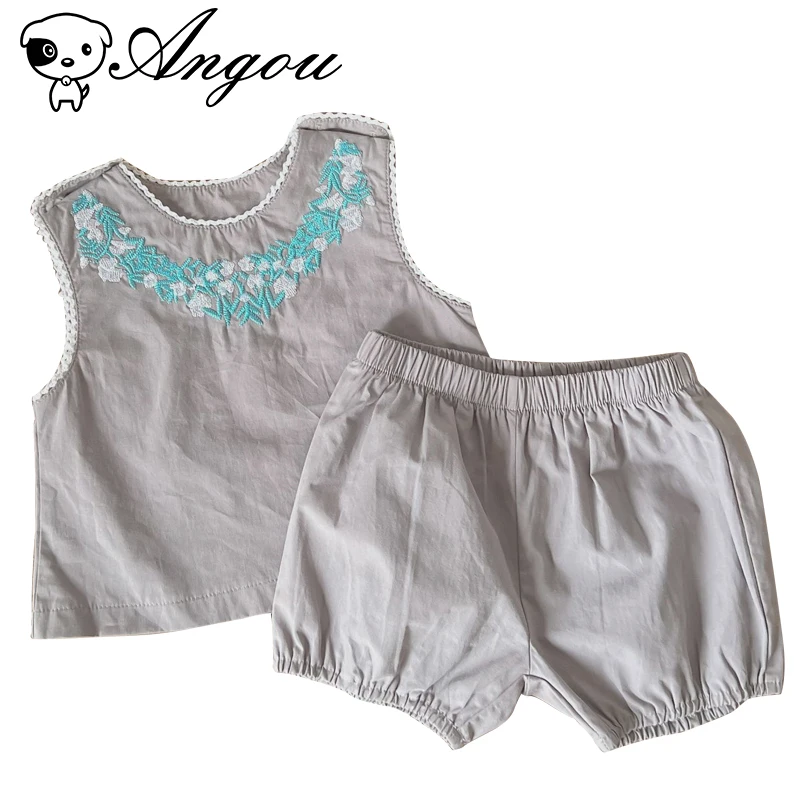 

Angou Fashion Summer Newborn Boys Girls Short Sleeve Kids Pure Colour Ethnic Style Embroidery Suit+Shorts 2 pieces Toddler Suit