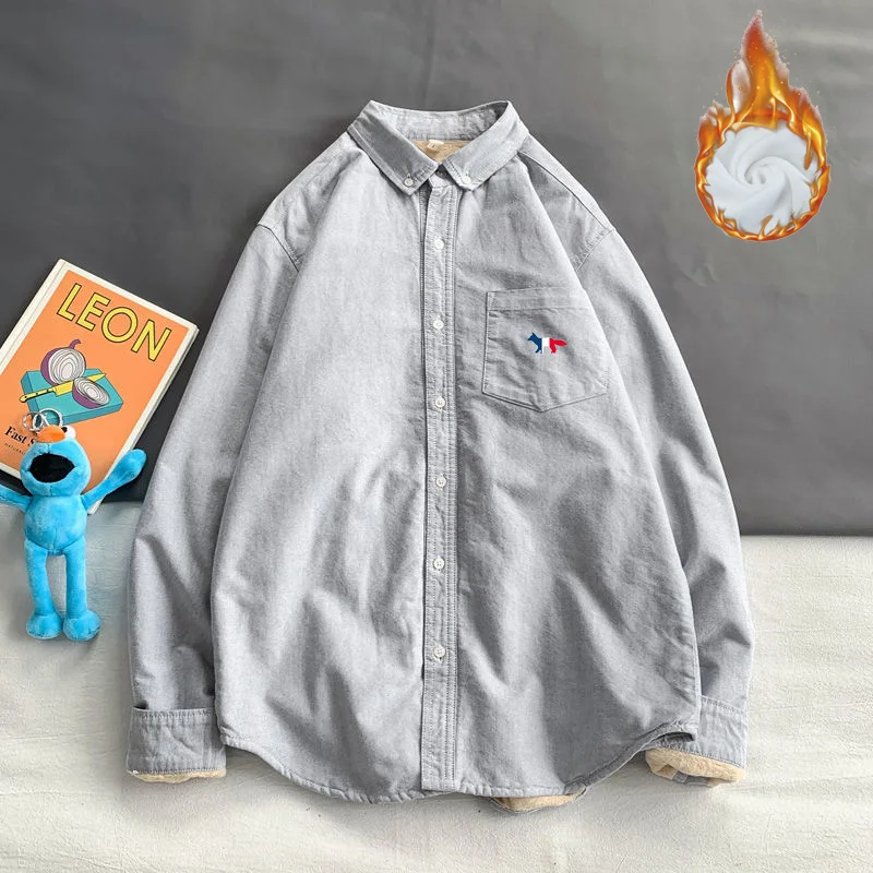 Mens Shirt Luxury Brand Lazy Fox Embroidery Logo Lapel Shirt Autumn Winter Plush Warm Shirt Fashion Long Sleeve Shirt Men Tops