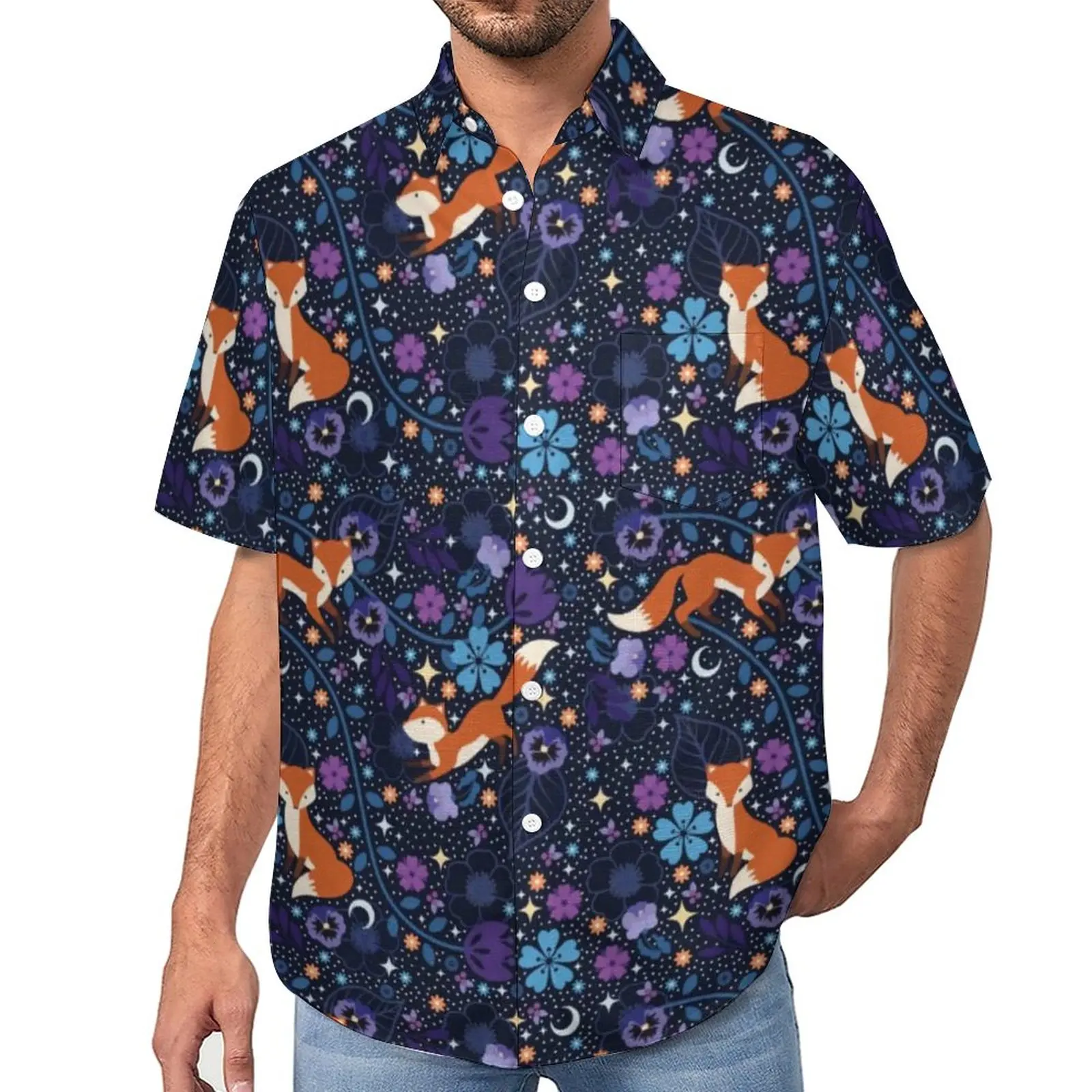 

Dreamy Folk Fox Blouses Man Floral Print Casual Shirts Hawaiian Short Sleeve Custom Fashion Oversized Beach Shirt Gift Idea