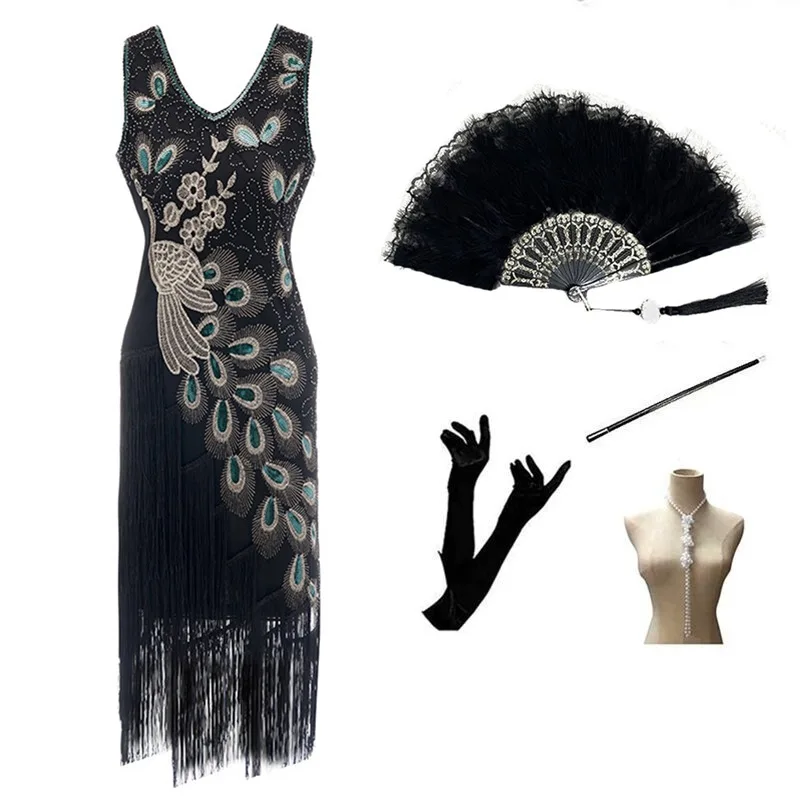 

Женское винтажное платье с бахромой, элегантное вечернее платье в стиле 1920-х годов с бусинами