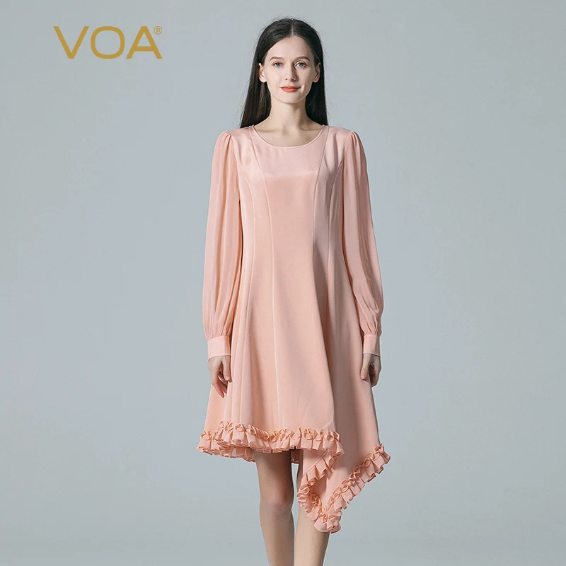 

(Fans Exclusive Discount) VOA High-end Silk O-neck Shirt Long Sleeve Asymmetrical Edible Tree Fungus Sweet Midi Dress AE1883