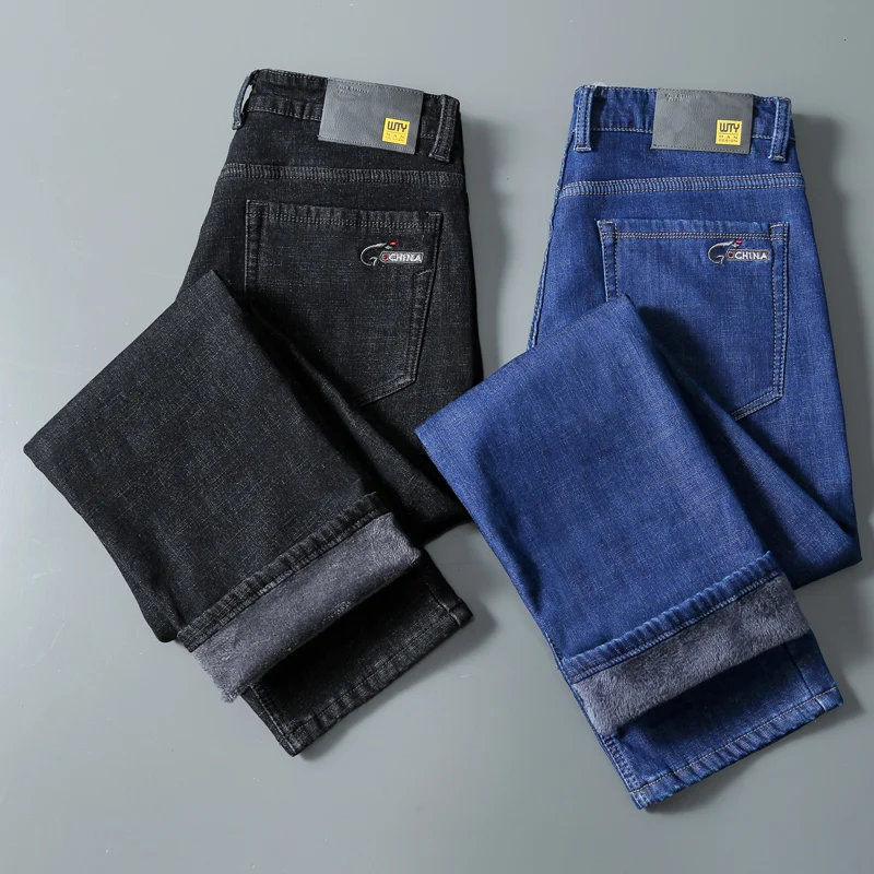 

2022 Winter New Men's Warm Thick Casual Jeans Business Fashion Black Blue Stretch Fleece Office Slim Trousers Male Brand
