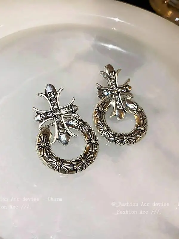 Silver Needle Diamond Cross Ring Earrings European and American Exaggerated Cold Sle Ear Studs Personalized Design Earrings...