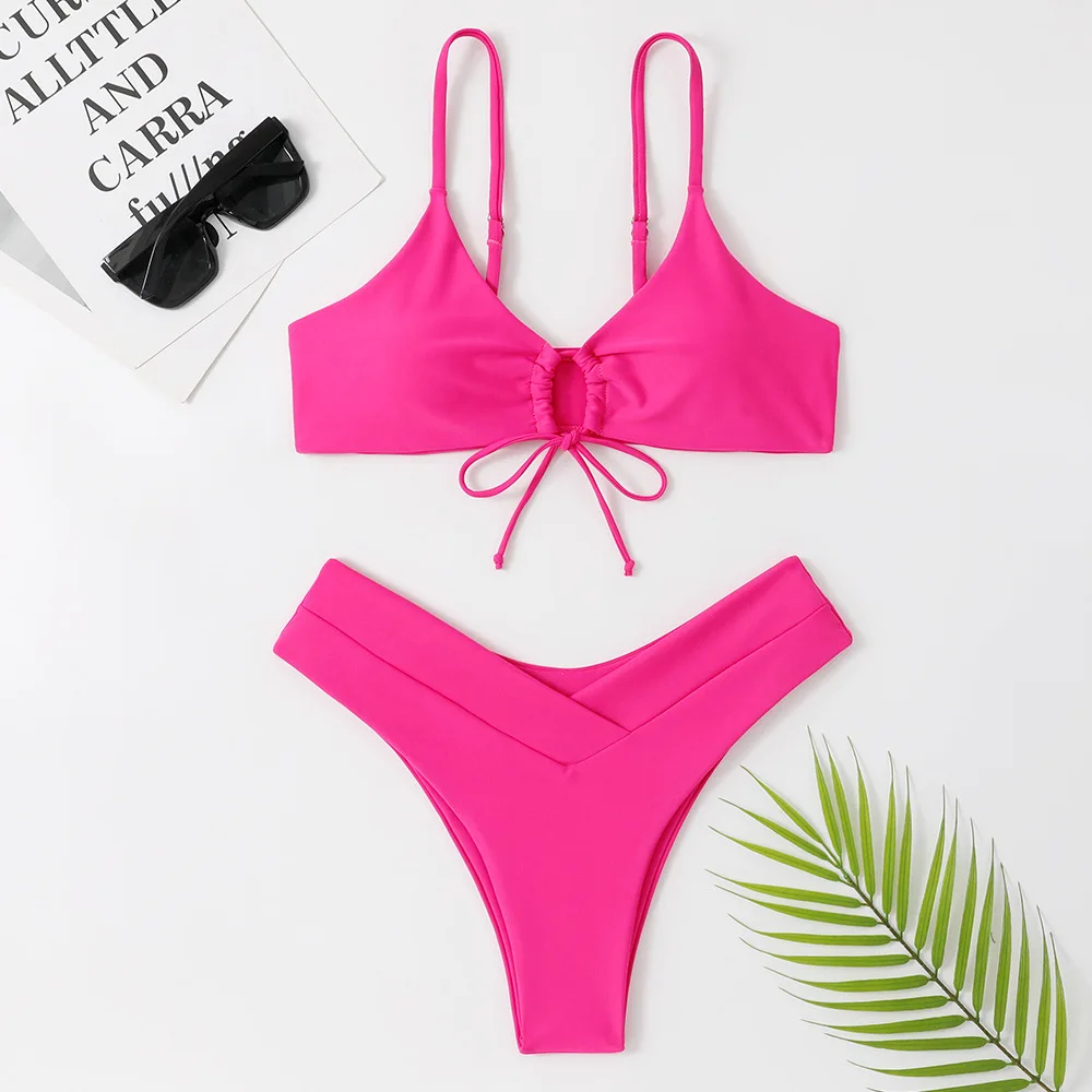 

New High Elastic Bikini Set for 2023 Summer Two Pieces Solid Color Lace-up Sexy Women Swimsuit Beach Bathing Suit Swimwear