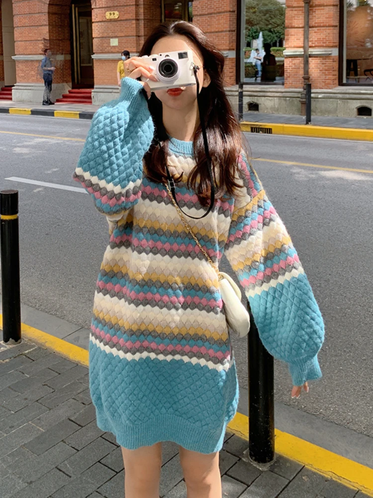 

Women's Netflix Loose Rainbow Color Sweater Dress Long Sleeve Dresses Women's 2022 Trendy Knitted Skirt Above Knee, Mini Y2k