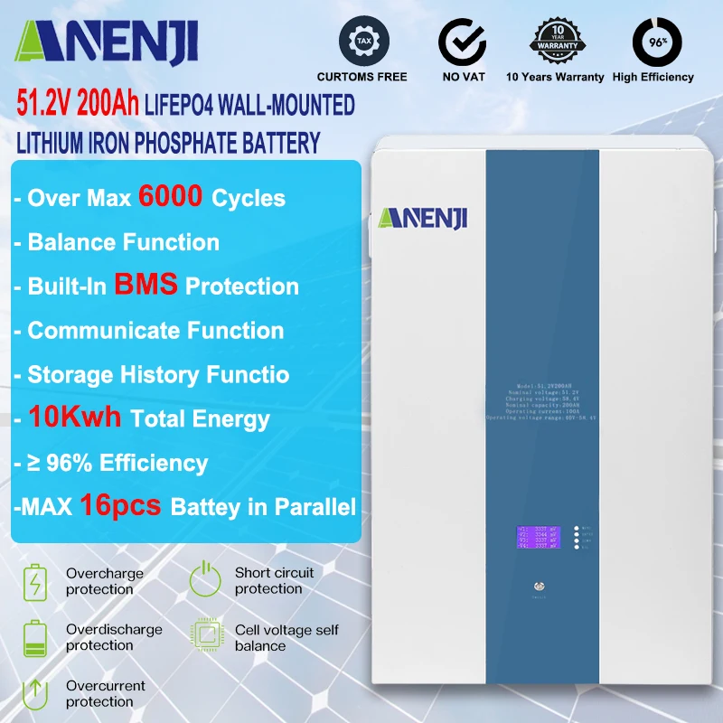 

Powerwall 51.2V LiFePO4 200Ah Battery 6000 Cycles With RS485 Solar Off/On Grid Built-in 200A BMS Solar System Parallel NO TAX