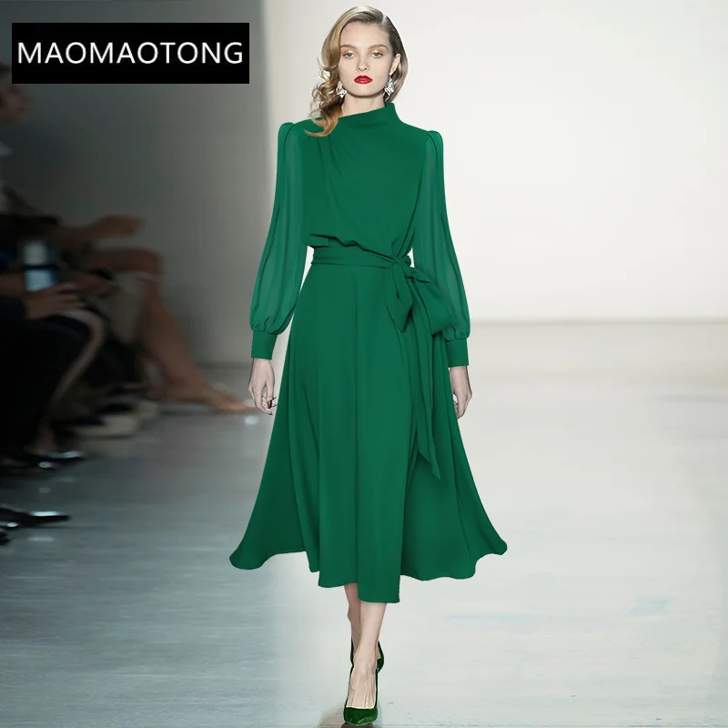 

Женское модельное платье с воротником-стойкой, элегантные винтажные однотонные платья со шнуровкой и рукавами-фонариками, осень 2022