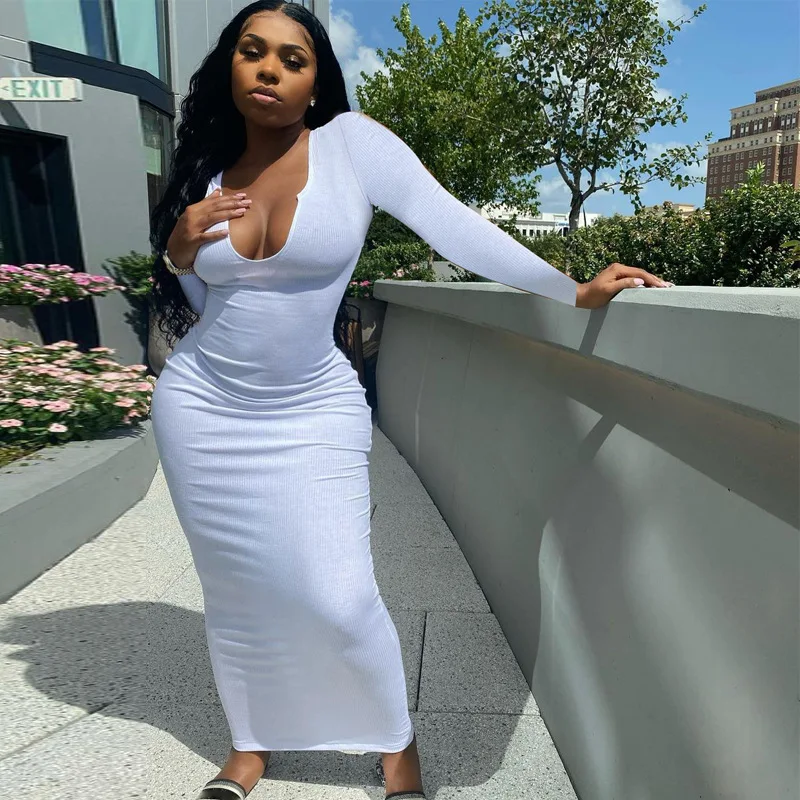 

New Women's Sexy Solid Color Long Sleeve V-Neck Slim A-Line Dress