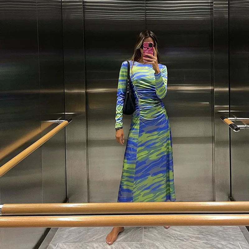 

2021 Autumn Fashion Trend Women's New Temperament Pencil Skirt Long-sleeved Round Neck Bag Hip Slim Printed Dress Female Skirt