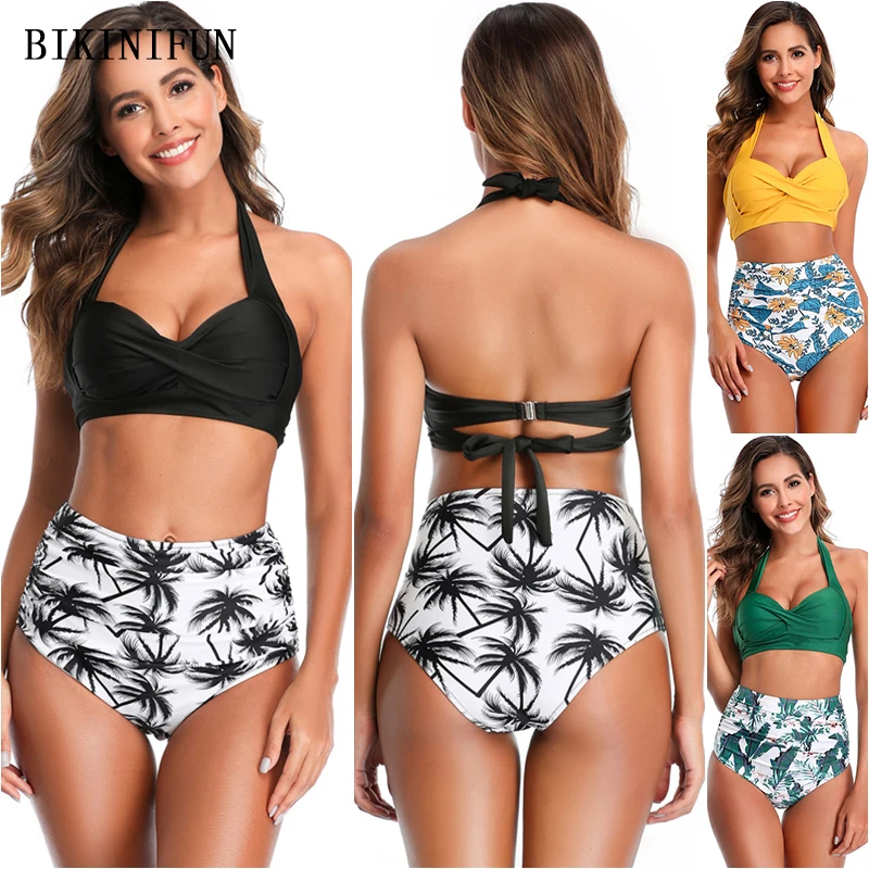 

New Twist Shirred Swimwear Women Solid Color Swimsuit Floral Print Beachwear S-2XL Girl Backless Halter Bathing Suit Bikini Set