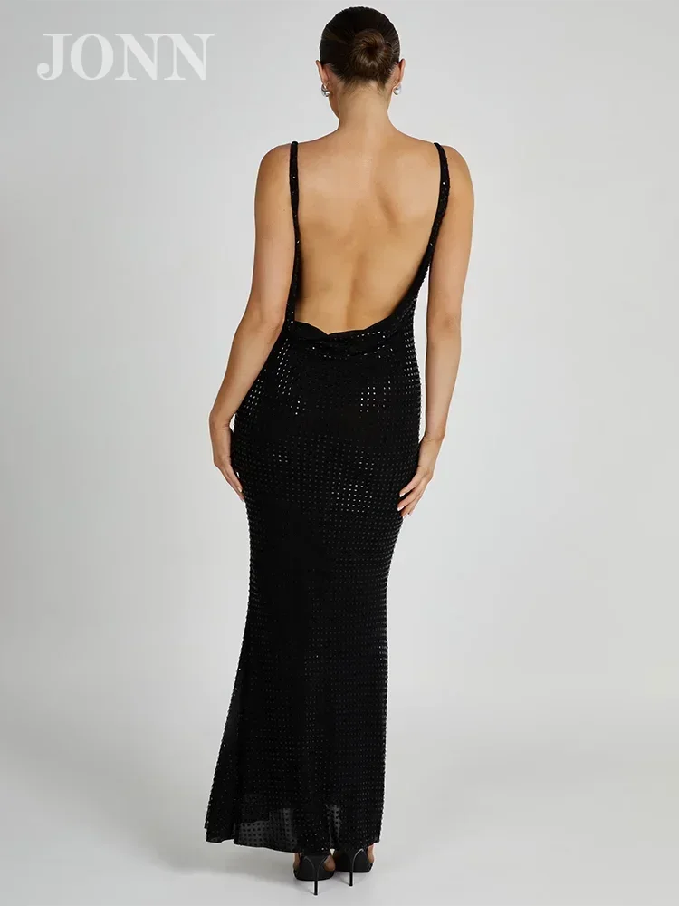 JONN сексуальное прозрачное черное сетчатое платье с открытой спиной женское