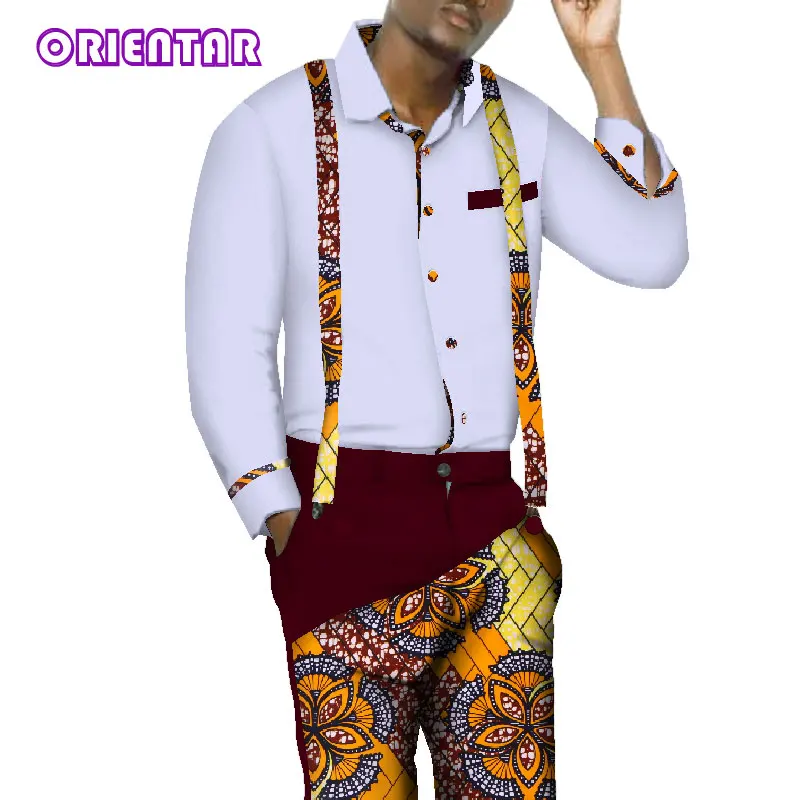 

African Outfits for Men Long Sleeve Shirt and Pants African Print Patchwork Shirt with Trousers Men's Slim Fit Suits WYN505