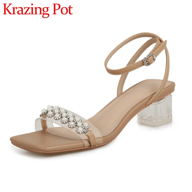 

Krazing Pot Big Size Genuine Leather Peep Toe Crystal Med Heel Pearl Rhinestone Fairy Style Young Lady Party Women Sandals L27