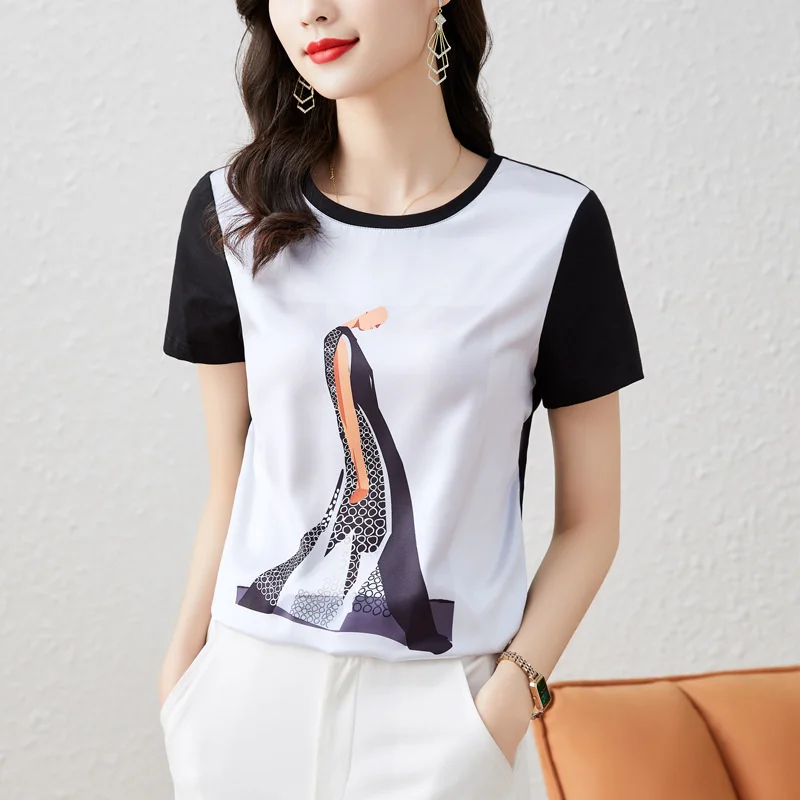 

#1583 Spliced Color Satin T Shirt Women Office Lady Short Sleeve T Shirt Korean Fashion Slim Silk T-shirt Female Printed Summer