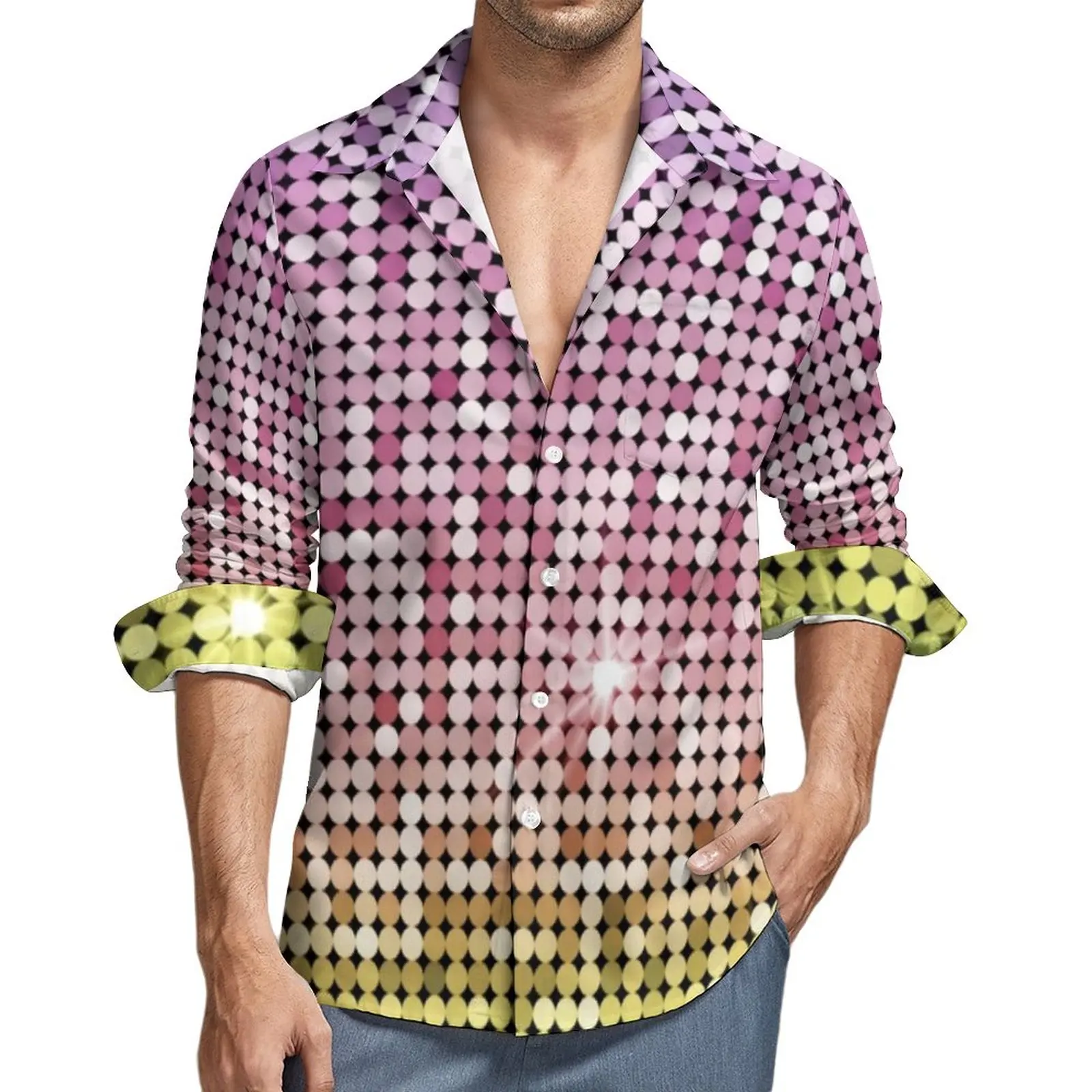 

Shiny Disco Ball Shirt Rainbow Sequins Print Casual Shirts Long Sleeve Pattern Stylish Blouses Spring Loose Oversized Clothing