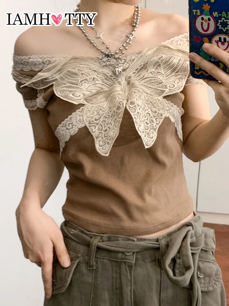 

IAMHOTTY кружевной лоскутный кроп-топ с бантом хаки Fairycore гранж пуловеры летняя бандажная футболка с открытой спиной Женская хлопковая мягкая о...
