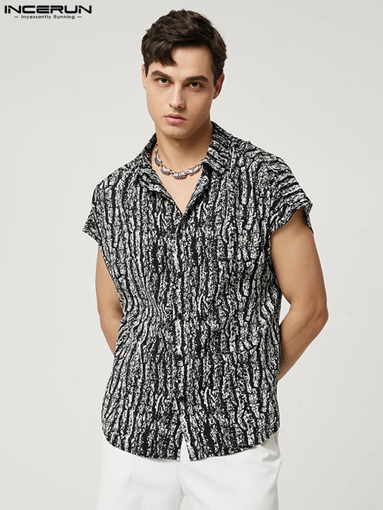INCERUN Tops 2022 American Style New Men's Print Micro-permeable Mesh Blosue Casual Male Short-sleeved Lapel Button Shirts S-5XL