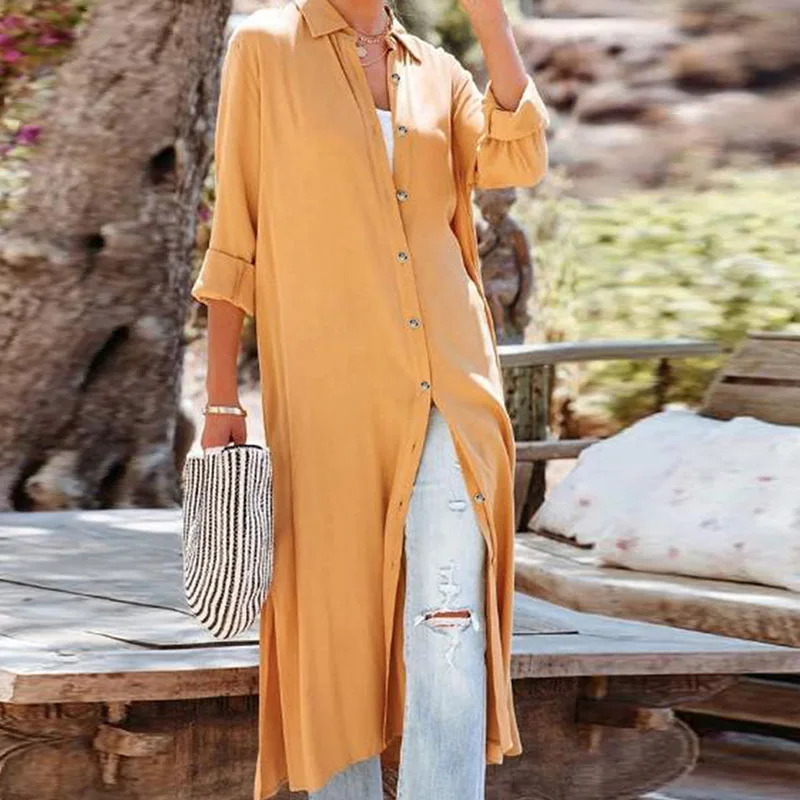 

Элегантное простое однобортное длинное платье, повседневный однотонный кардиган, платье-рубашка, весеннее модное свободное платье с отлож...