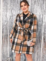 earo womens plus size 4xl england style plaid coats 2022 winter belt turn down collar button vintage casual oversized overcoats