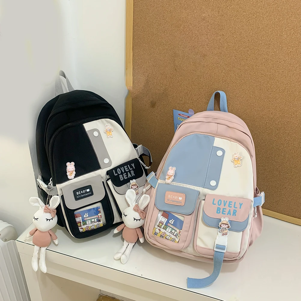 

Preppy Style Japanese Backpack Hit Color Students Girl Large Capacity School Bag with Pendant Pin Badge Card for Students