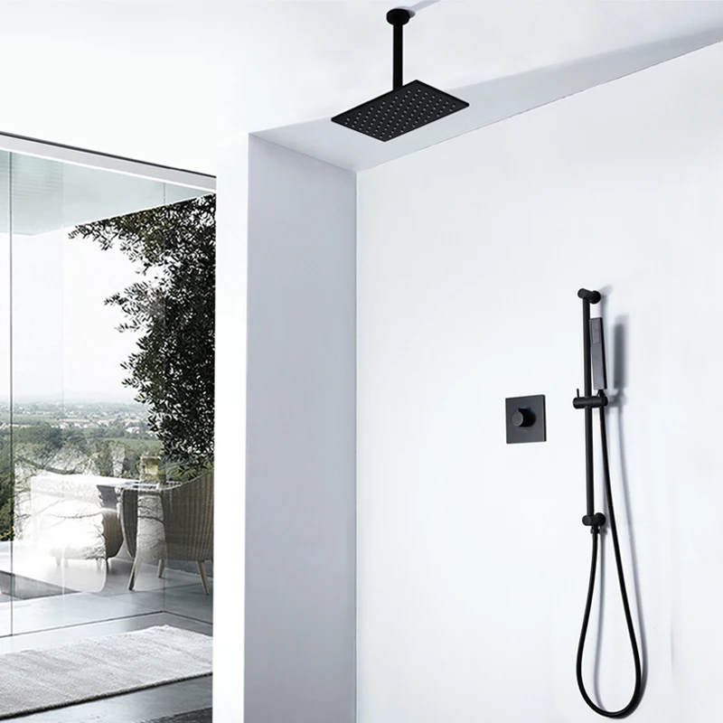 

M Boenn 10" Matte Black Rain Hot and Cold Shower Set Ceiling ShowerHeads High Pressure Shower Panel Concealed Bathroom Faucets