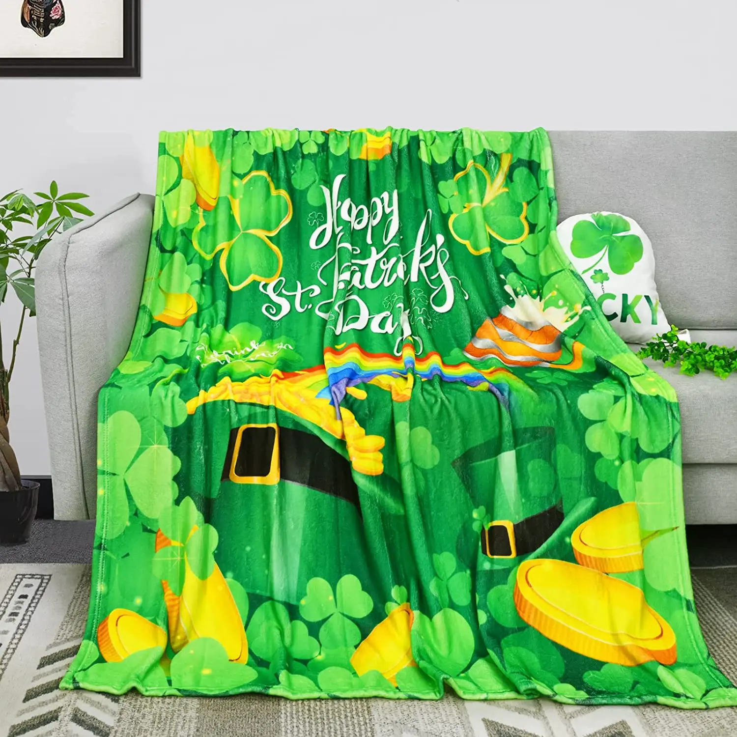 St. Patrick's Day Blanket Four Leaf Clover Shamrock Throw Blanket Flannel Warm Bedding Set,Shamrock Patrick Decor Girls Gifts
