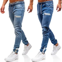 men jeans spring and summer solid color slim fit zipper sports jeans mens casual lace up mid waist denim pencil pants trousers