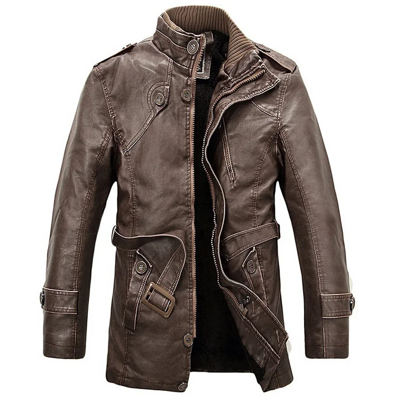 

Leather Jacket Men Long Wool Stand Collar Coats jaqueta de couro Men's PU Motocycle Jackets Outwear Trench Parkas 4XL